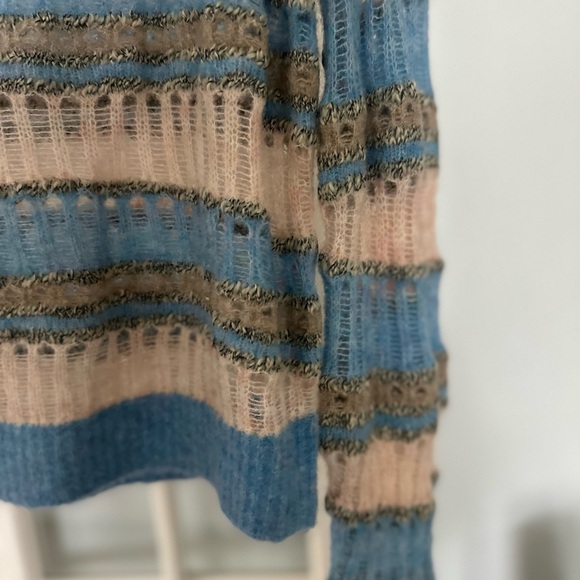 Frame Denim Blue and Cream Crew Neck Sweater with Lacy Knit - Picture 4 of 5